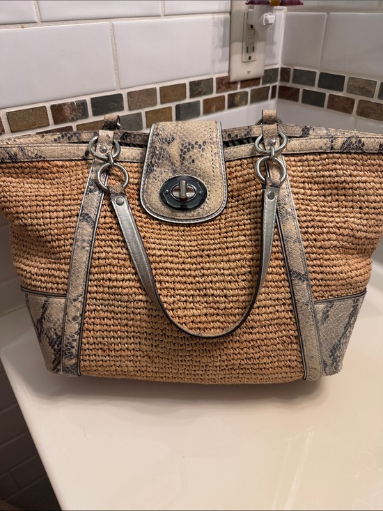Coach Handbags - Coach Woven Straw Tote with Snake-Print Trim - Beige